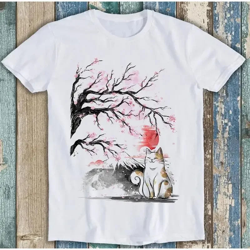 Sakura Tree Japanese Cat At Fuji Mountain Meme Funny T Shirt M1663