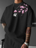 Summer Men Cherry Blossom Pattern Japanese Style Loose-Tee Shirt Suitable for Daily Wear  Material Trendy Versatile