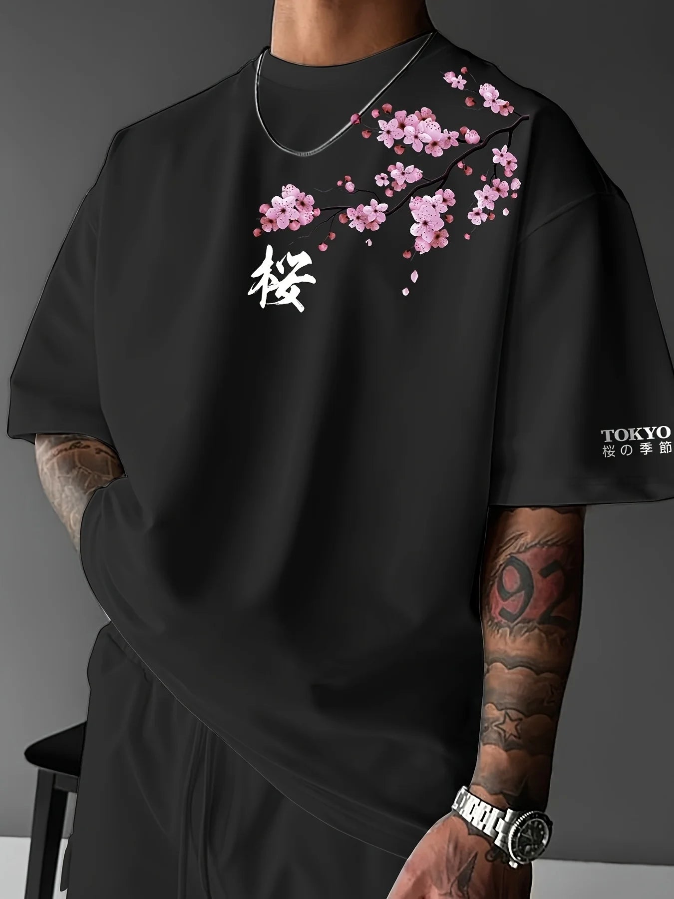 Summer Men Cherry Blossom Pattern Japanese Style Loose-Tee Shirt Suitable for Daily Wear  Material Trendy Versatile