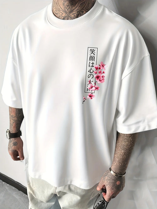 Japanese Cherry Blossom Print 100% Cotton Men Woment T-shirt Summer Autumn Daily Outdoor Sports Casual Loose Street Short-sleeve