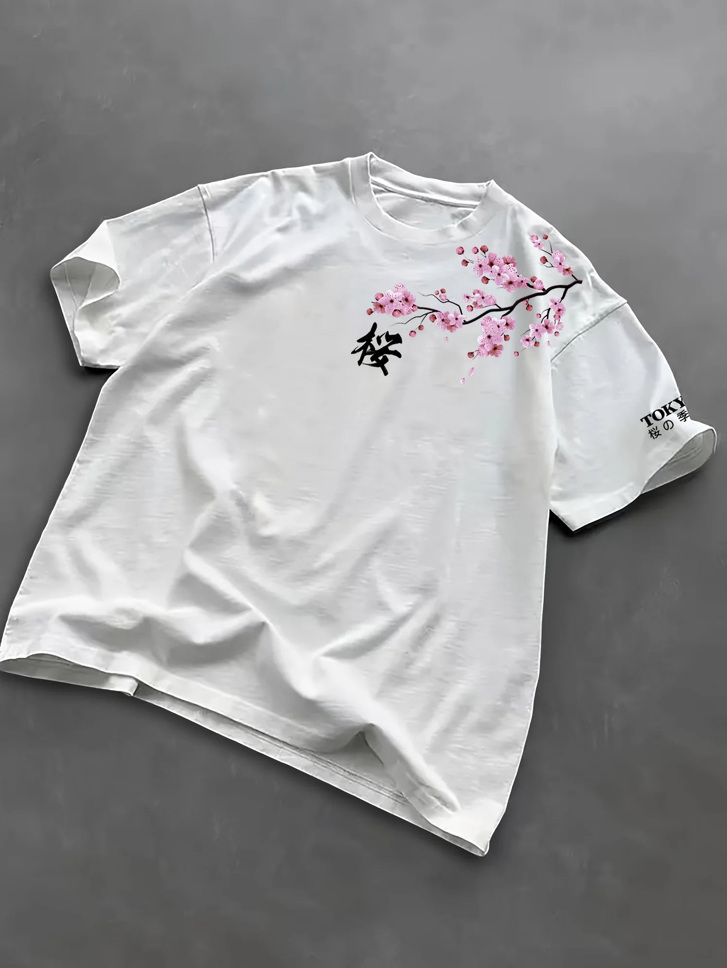 Summer Men Cherry Blossom Pattern Japanese Style Loose-Tee Shirt Suitable for Daily Wear  Material Trendy Versatile