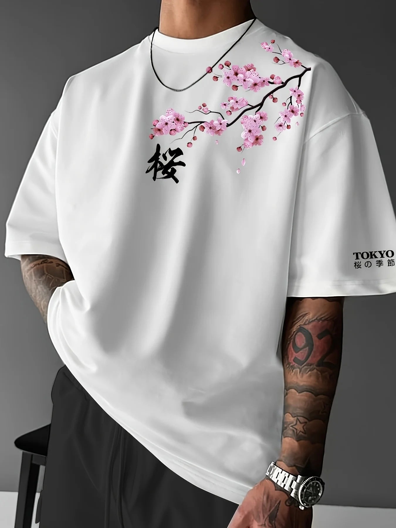 Summer Men Cherry Blossom Pattern Japanese Style Loose-Tee Shirt Suitable for Daily Wear  Material Trendy Versatile