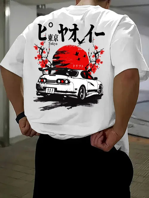 Printed T-shirt for Men New Summer Fashion Tokyo JDM Car Sakura Printed Tee Machine Washable S-XXL